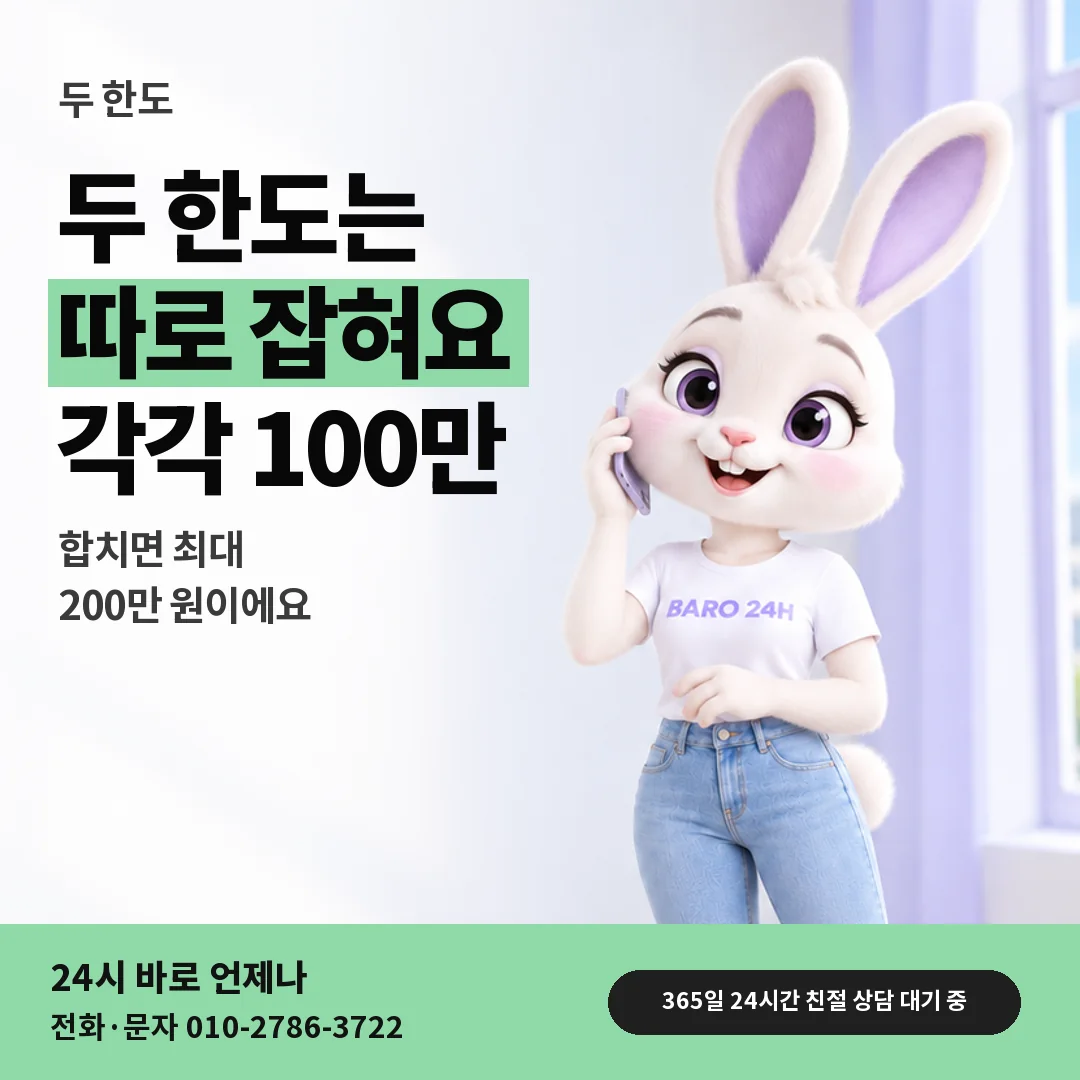휴대폰을 보며 웃는 BARO 24H 티셔츠를 입은 3D 토끼 캐릭터 옆에 「애플 소액결제와 별개인 한도」 제목을 얹은 안내 카드